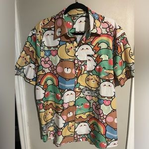 Fun cartoon animal print short sleeve button down shirt.